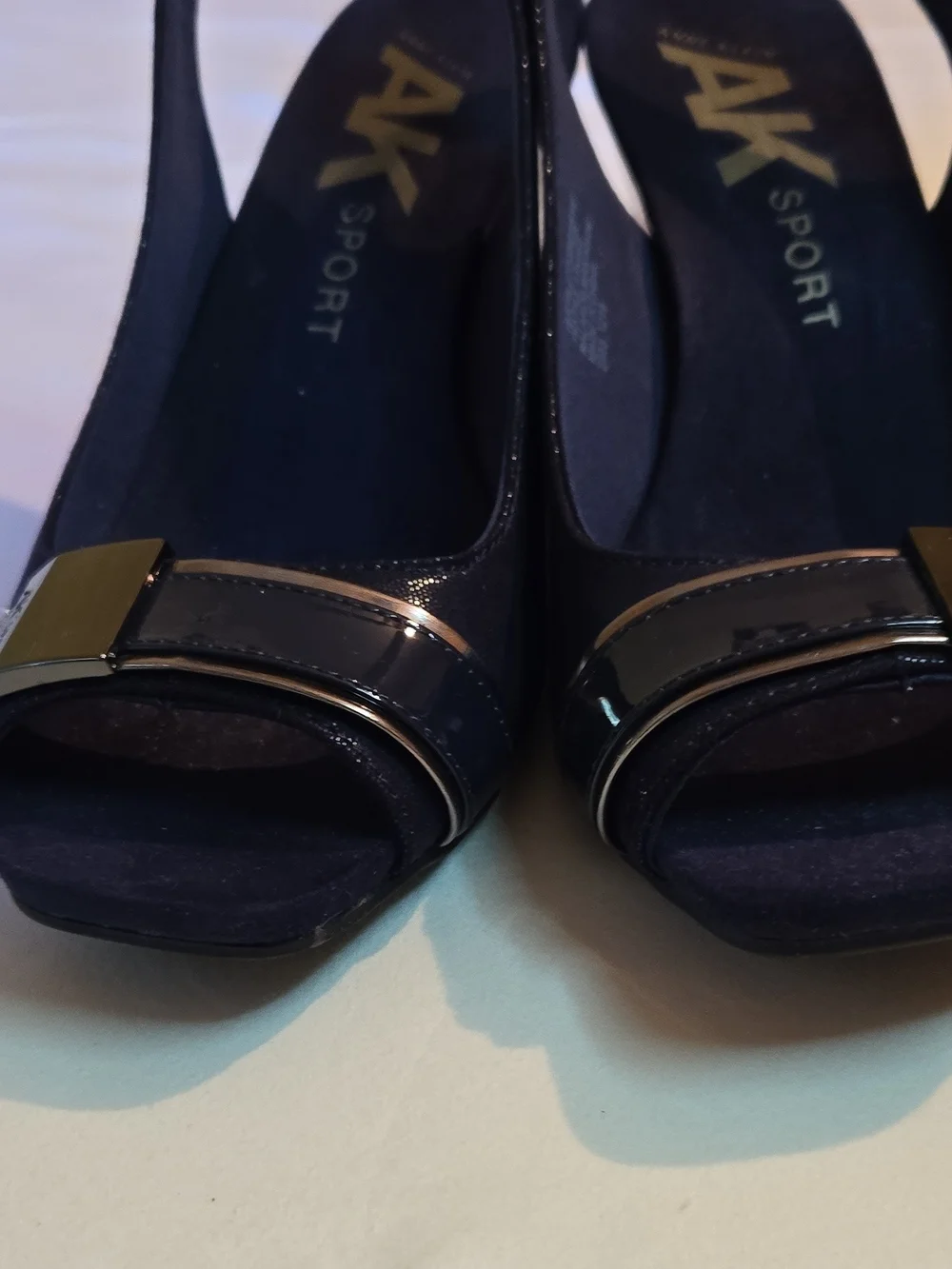 Anne Klein Blue Wedge Slingback Sandals with Gold Accent